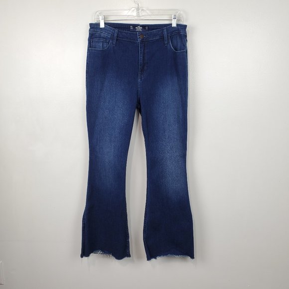 Hollister Medium Wash Stretchy High-Rise Flare Denim Jeans 17S W33 L29 Juniors - Picture 1 of 14